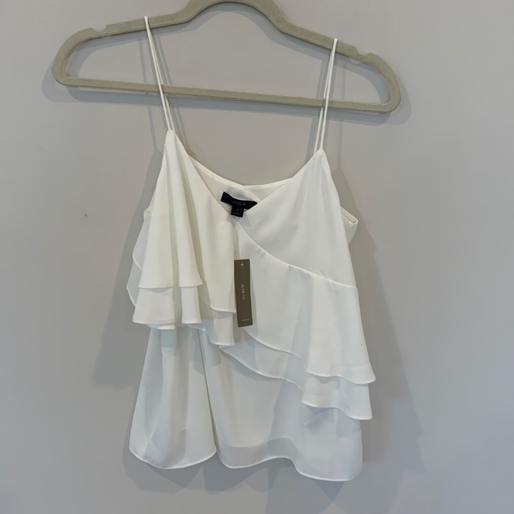 J. Crew White V Neck Tank with Ruffles Size 0